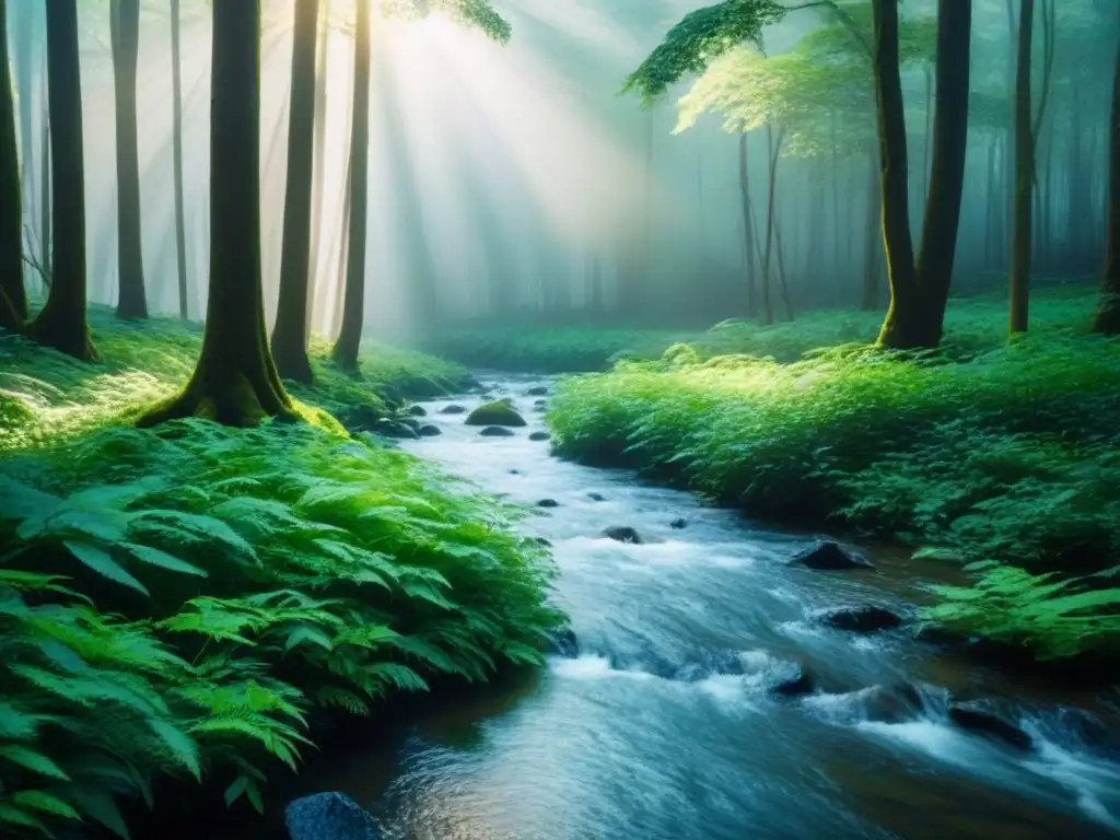 Bosque verde sereno: armonía natural y sostenible Un bosque verde exuberante con un arroyo sereno y luz solar filtrándose a través del dosel