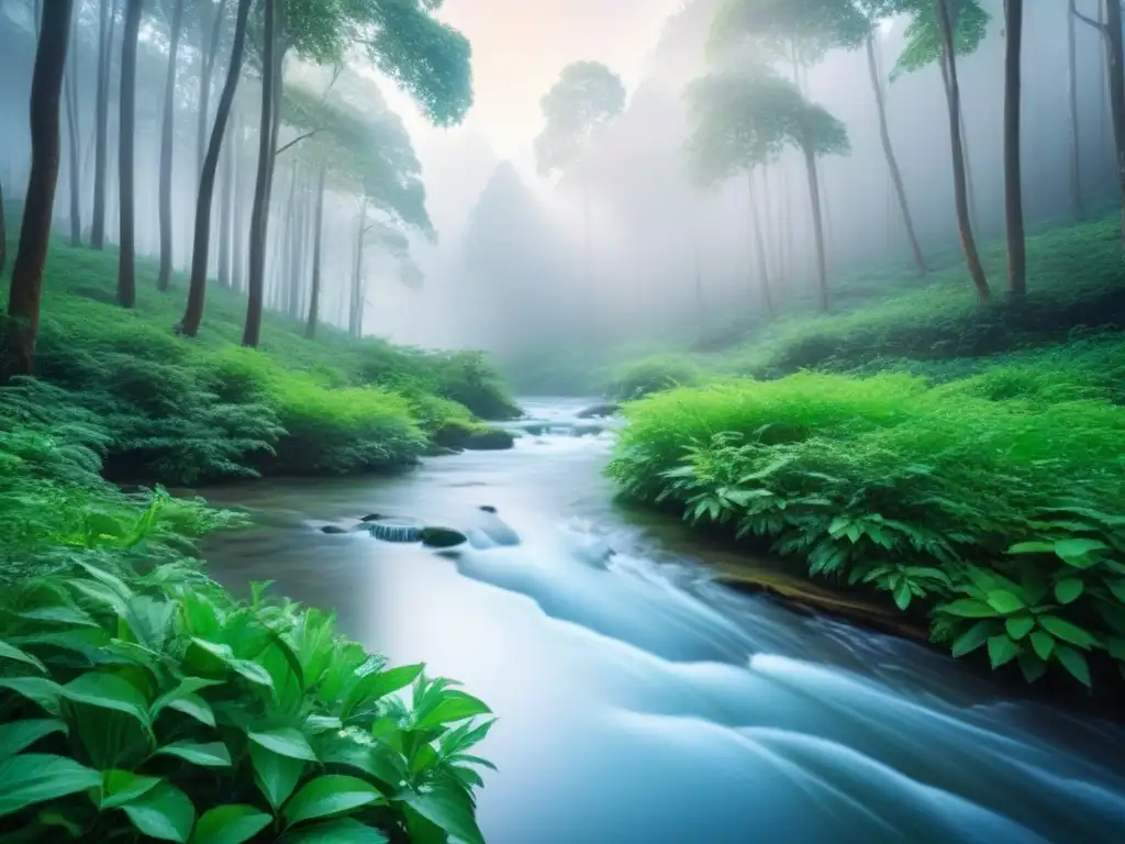 Un bosque verde exuberante con un arroyo cristalino reflejando la luz del sol, transmitiendo armonía y equilibrio en la naturaleza