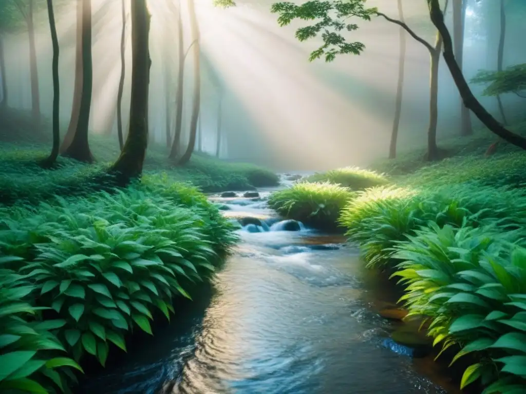 Un bosque verde exuberante con un arroyo y luz filtrada entre las hojas