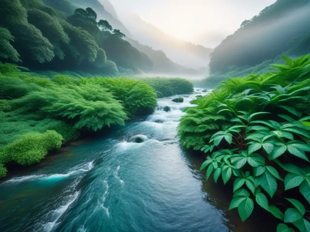 Bosque verde exuberante con arroyo cristalino, reflejo de la alimentación consciente sostenible impacto