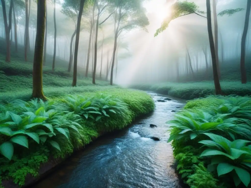 Un bosque verde exuberante con un arroyo serpenteante bajo la luz del sol