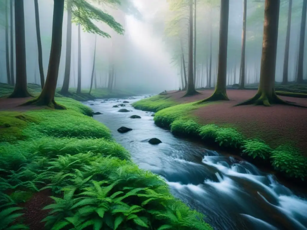 Un bosque verde exuberante con un arroyo cristalino, rodeado de árboles majestuosos