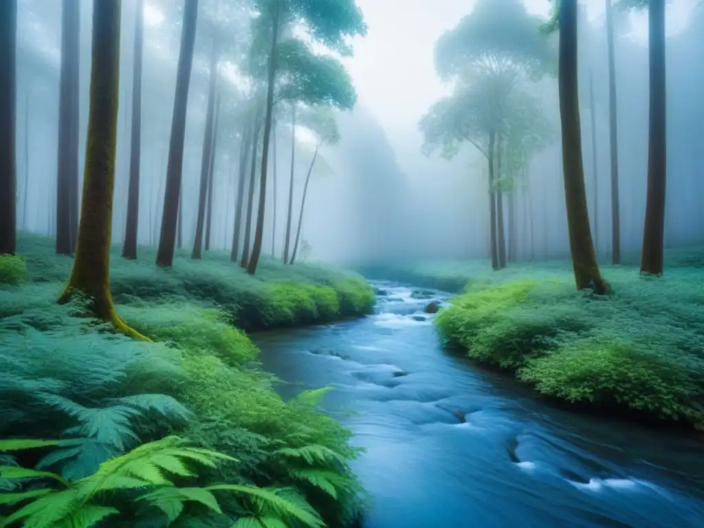 Un bosque verde exuberante con un arroyo tranquilo, rodeado de árboles altos y cielo azul