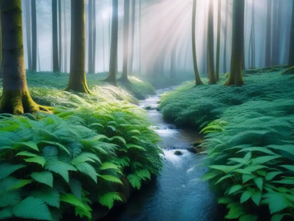 Un bosque verde exuberante con un arroyo sereno, rodeado de árboles altos y frondosa vegetación