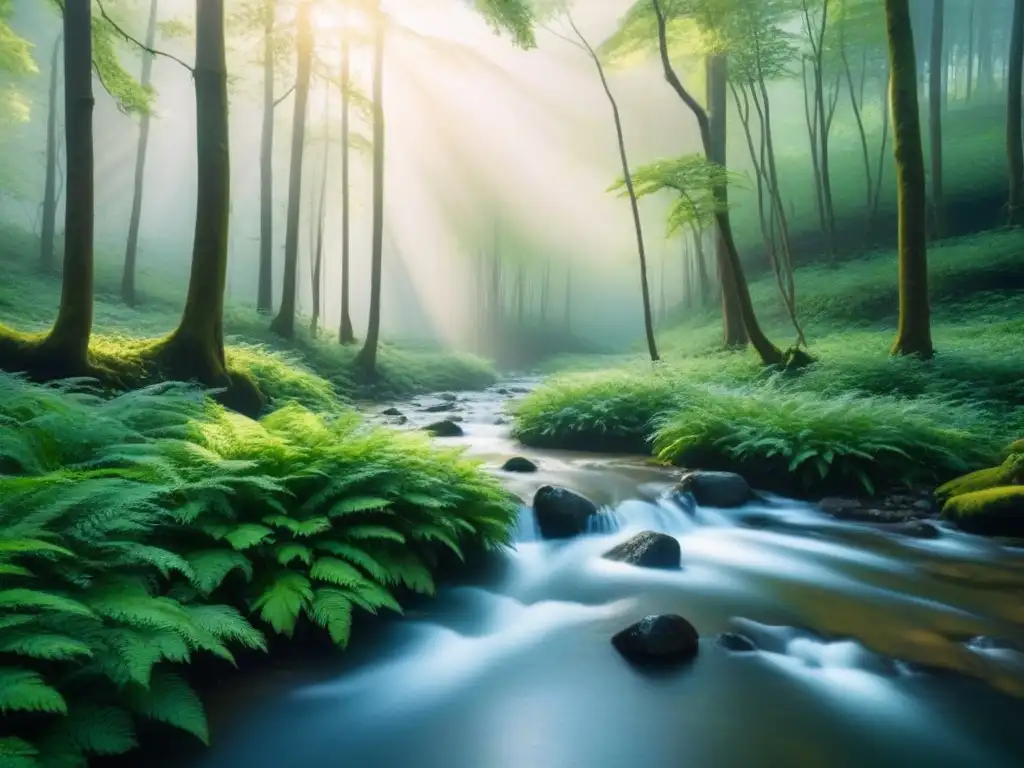 Un bosque verde exuberante con un arroyo y luz solar filtrándose entre los árboles, creando un ambiente de tranquilidad y armonía con la naturaleza