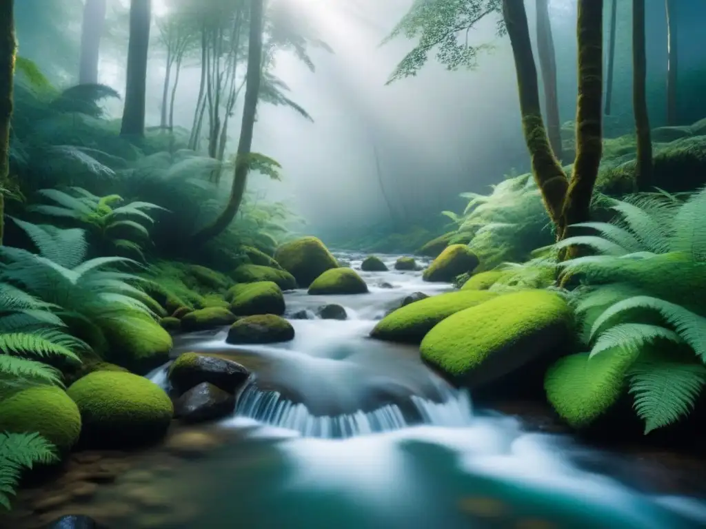 Un bosque verde exuberante con un arroyo tranquilo, inspirando voluntariado ambiental y turismo sostenible