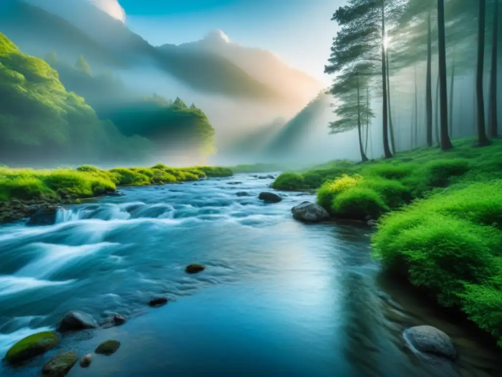 Un bosque verde exuberante con un arroyo bajo un cielo azul, simbolizando armonía con la naturaleza y el papel del cine en sostenibilidad