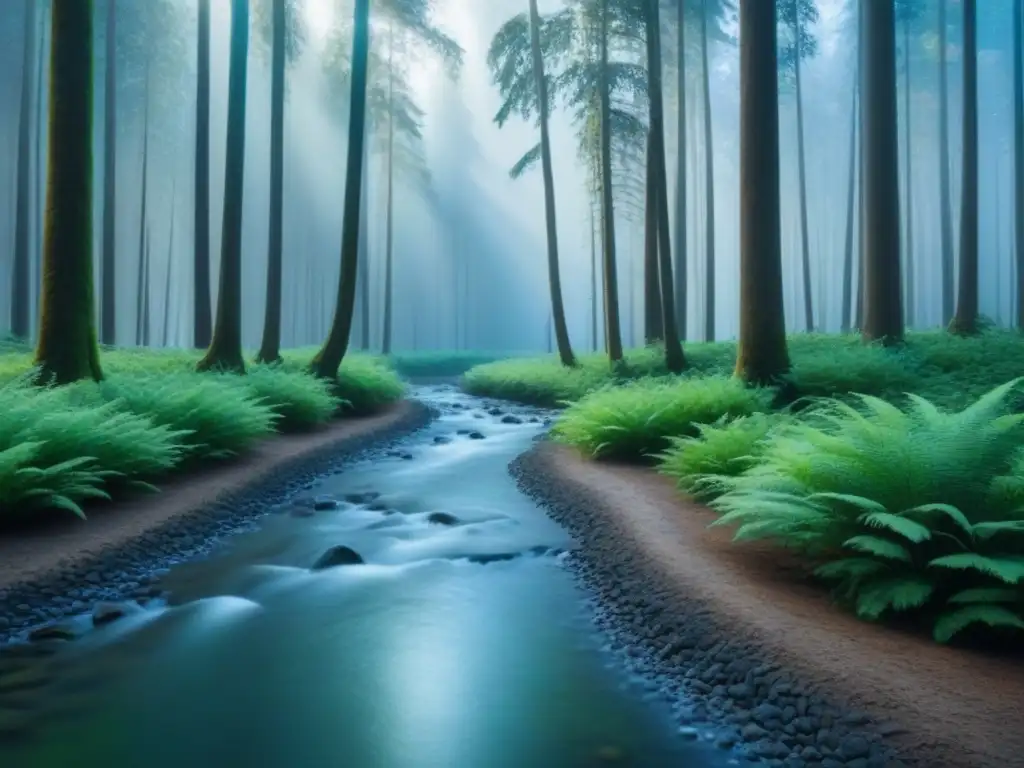 Un bosque verde exuberante con un arroyo cristalino