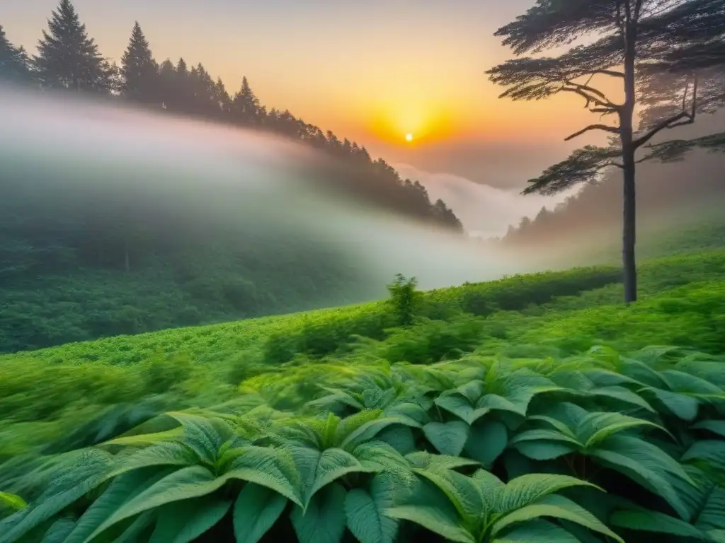 Un bosque verde exuberante con un atardecer reggae vibrante, simbolizando amor y sostenibilidad en la tierra