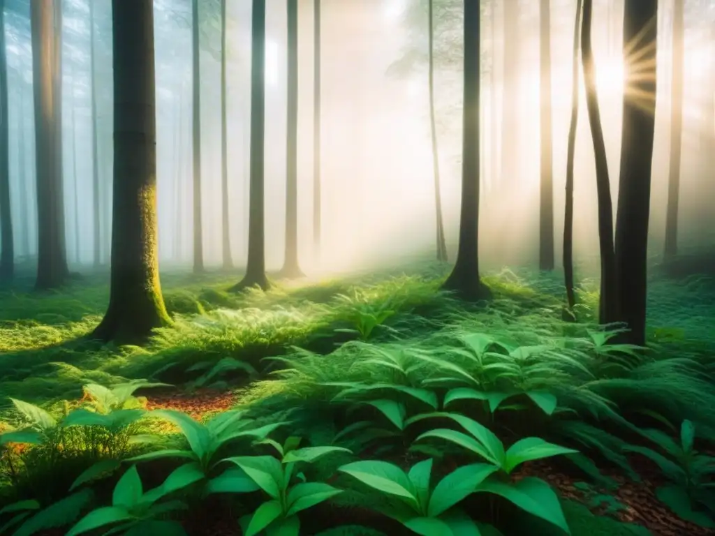 Bosque verde sereno: conservación y belleza natural Un bosque verde exuberante bañado por la luz del sol, transmitiendo calma y la importancia de la conservación y sostenibilidad
