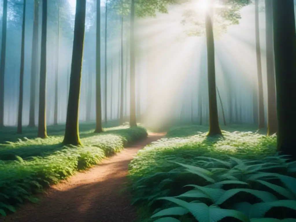 Un bosque verde exuberante bañado por la luz del sol, transmitiendo serenidad y conexión con la naturaleza