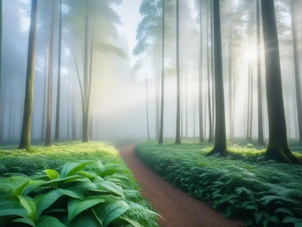 Un bosque verde exuberante bañado por la luz del sol, transmitiendo armonía y sostenibilidad en una serie televisiva con mensaje verde sostenible