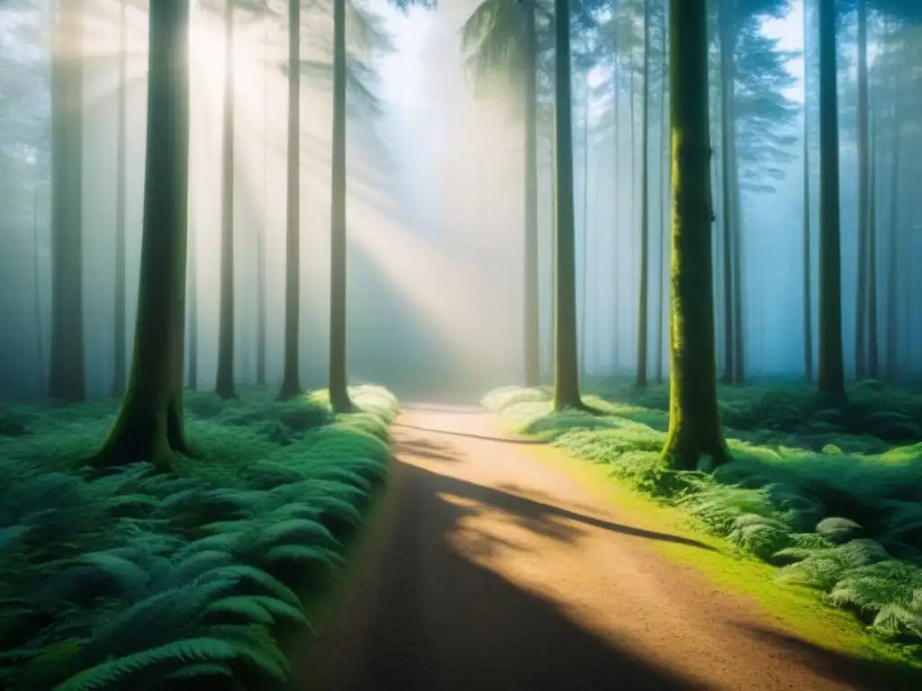 Un bosque verde exuberante bañado por la luz del sol, en un entorno natural intocado, prevención residuos espacios naturales sostenibles