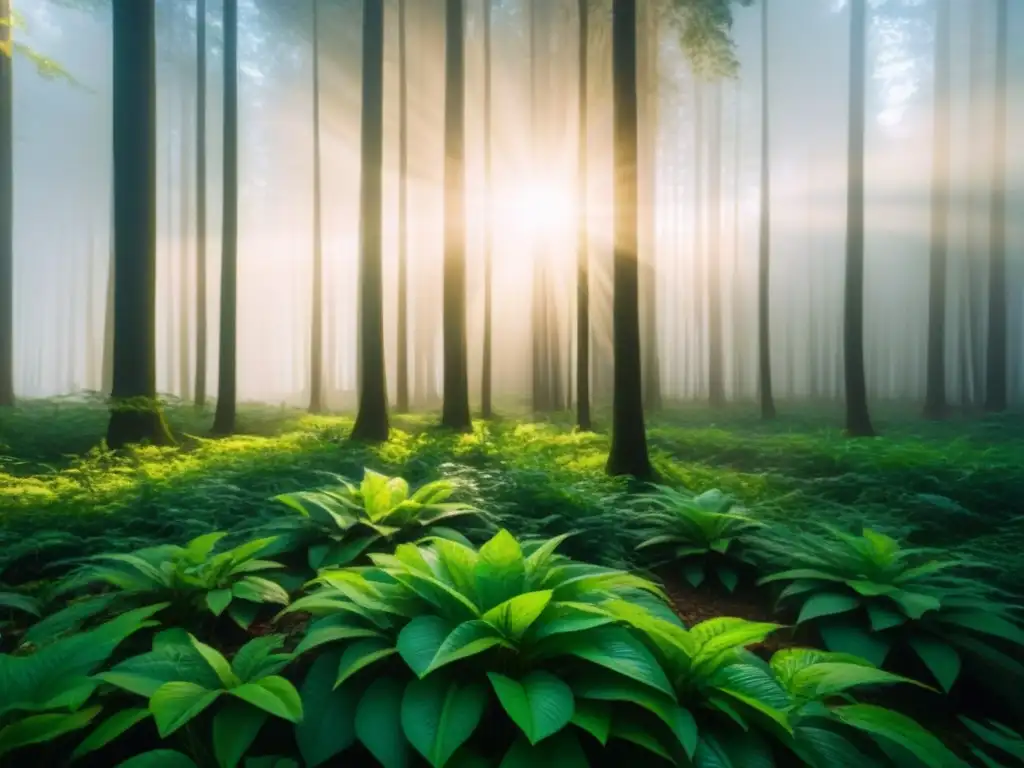 Un bosque verde exuberante bañado por la luz del sol, con sombras danzantes en el suelo