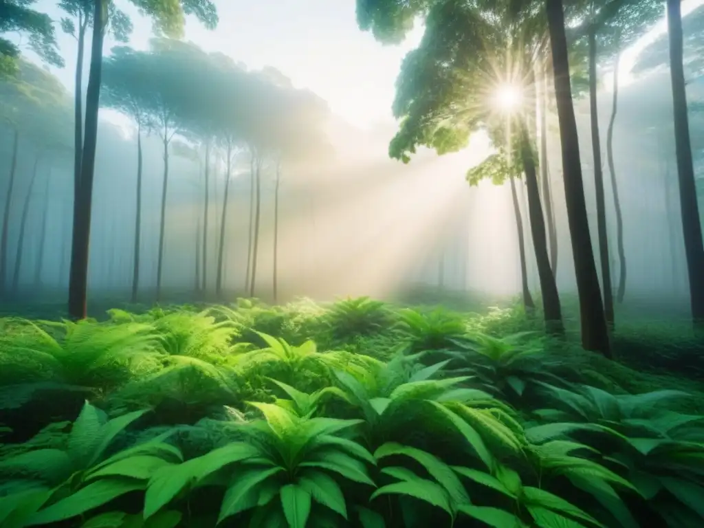 Un bosque verde exuberante bañado por la luz del sol, transmitiendo tranquilidad y equilibrio