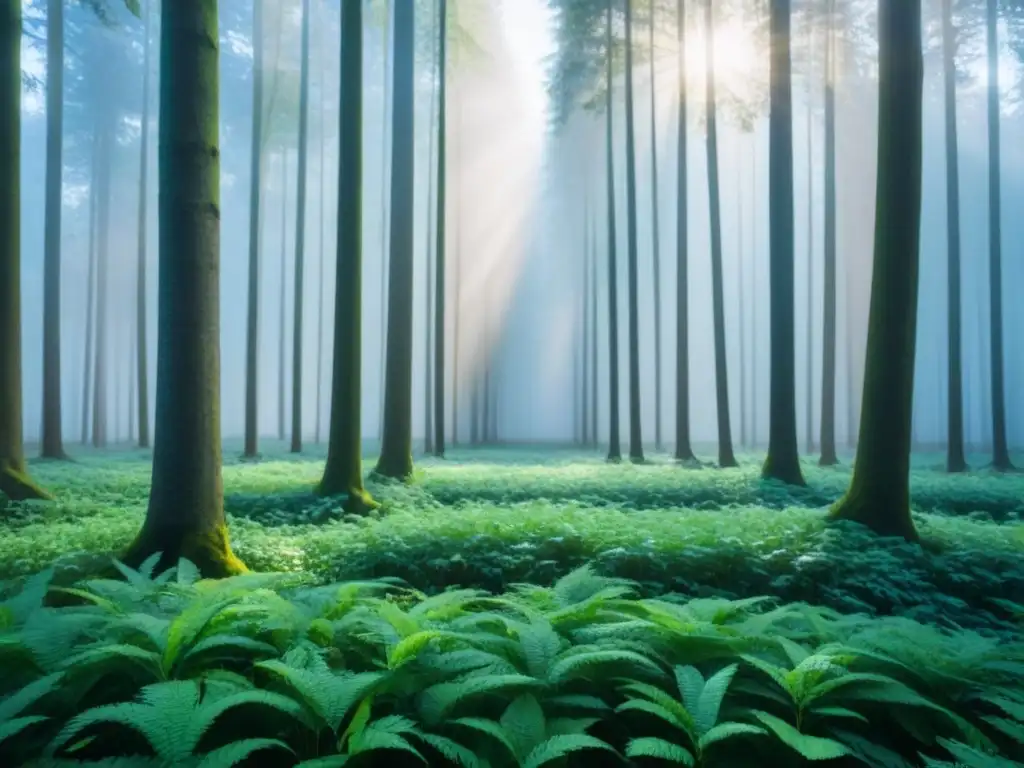 Un bosque verde exuberante bajo un cielo azul claro, con luz solar filtrándose entre las hojas creando un patrón moteado en el suelo