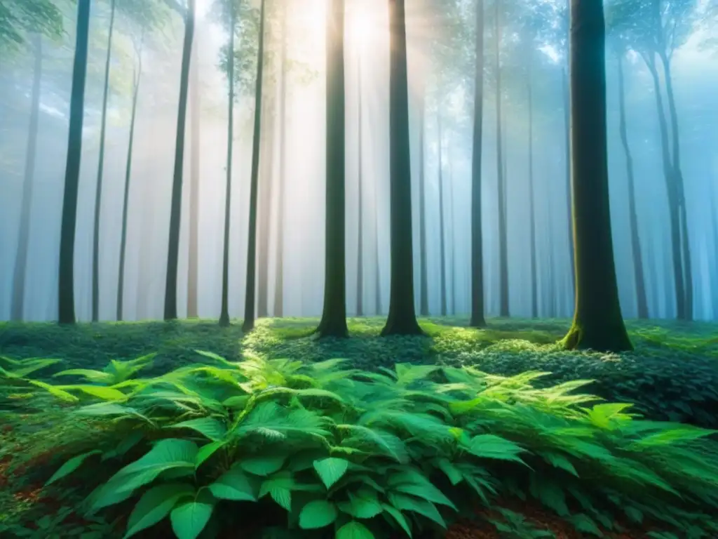 Un bosque verde exuberante bajo un cielo azul claro, con rayos de sol filtrándose entre las hojas