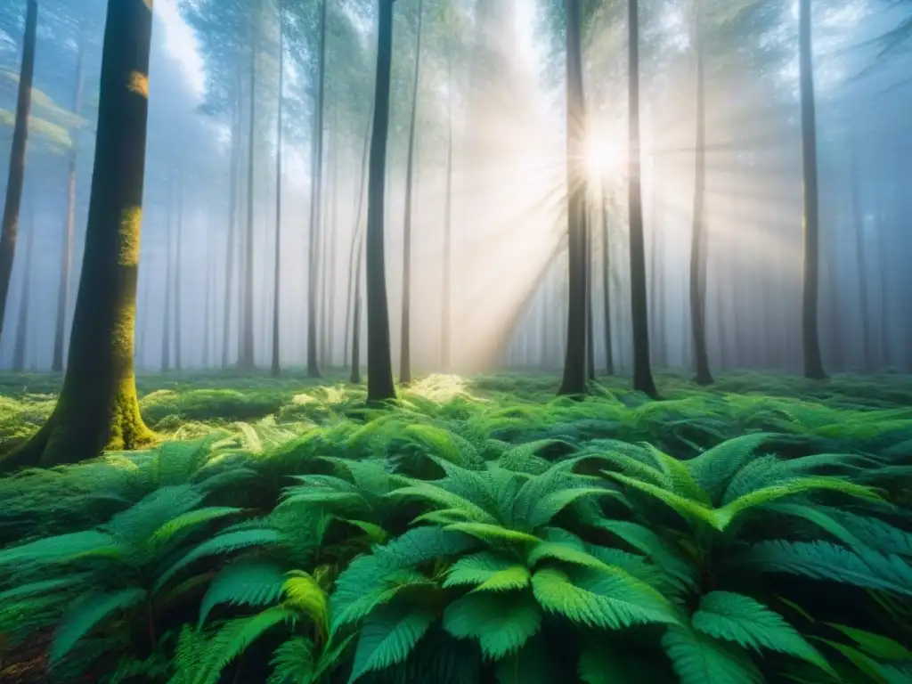 Bosque verde exuberante bajo cielo azul, con luz solar filtrándose entre el dosel