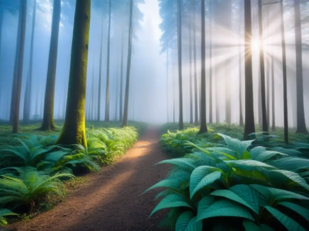 Un bosque verde exuberante bajo un cielo azul claro, bañado por la luz del sol