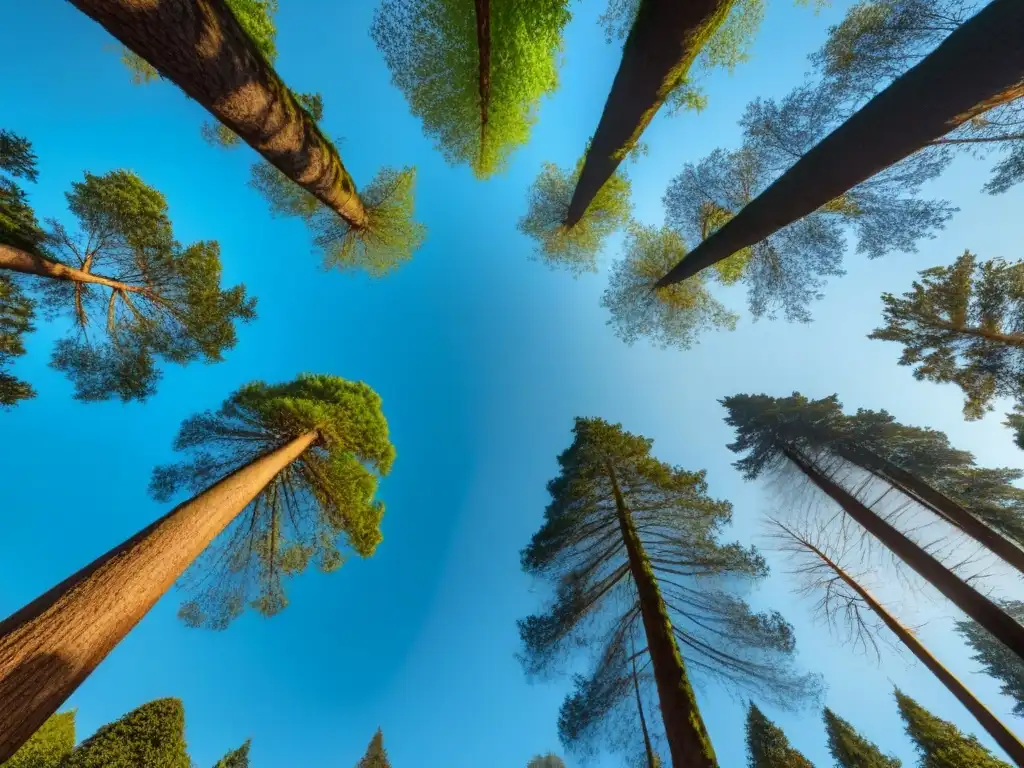 Bosque verde exuberante bajo cielo azul claro, árboles altos ondean en el viento