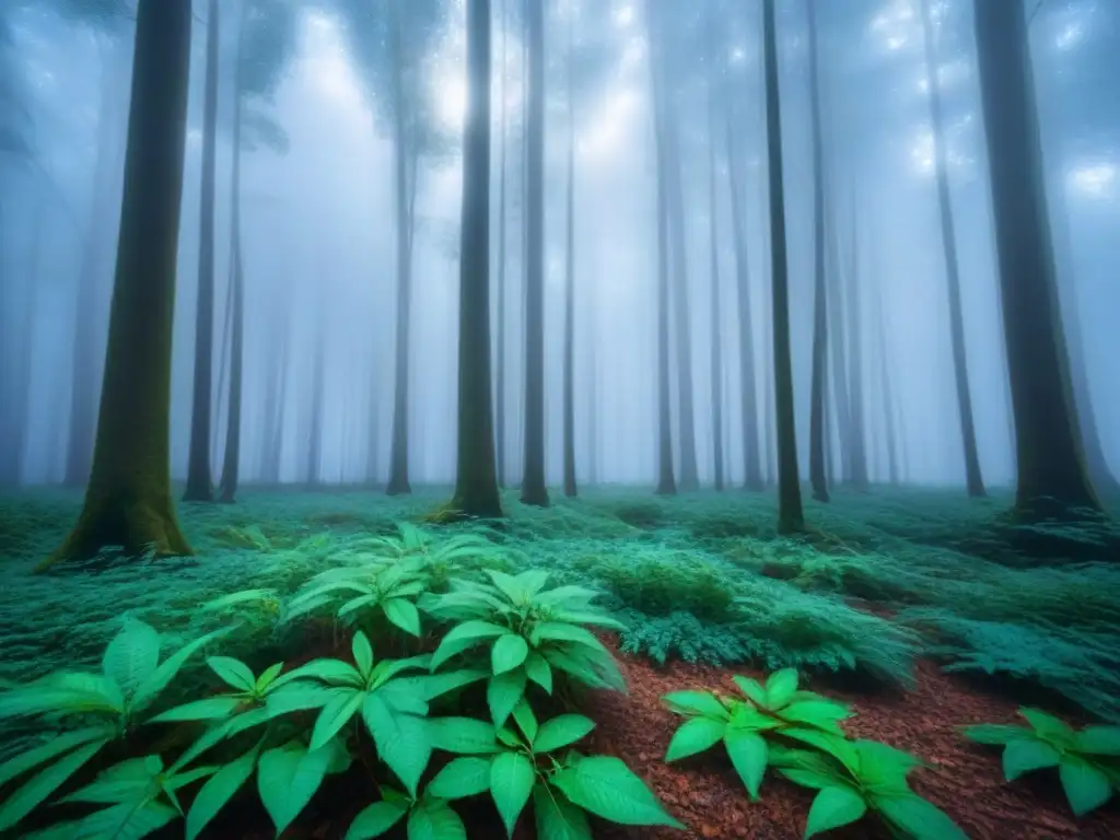 Un bosque verde exuberante bajo un cielo azul claro, donde la luz del sol crea patrones en el suelo