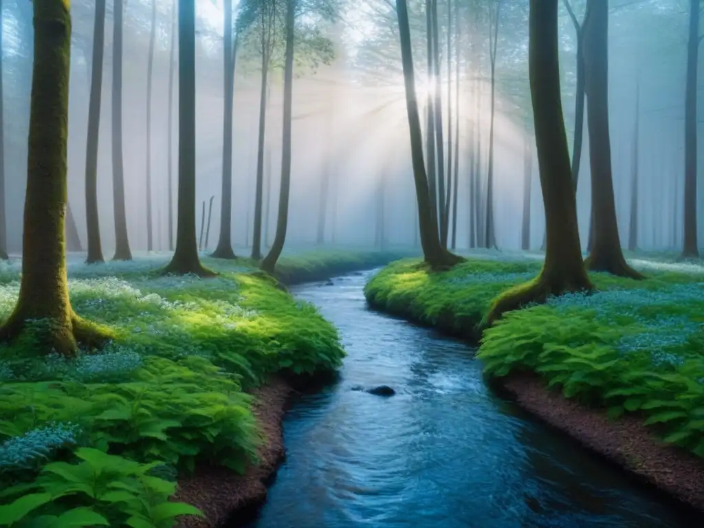 Un bosque verde exuberante, con cielo azul y animales, transmite armonía y belleza natural