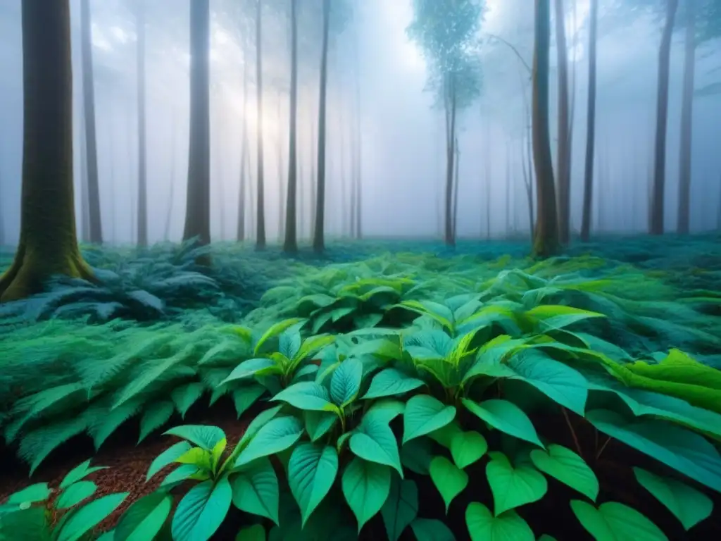 Un bosque verde exuberante con detallada vegetación y cielo azul