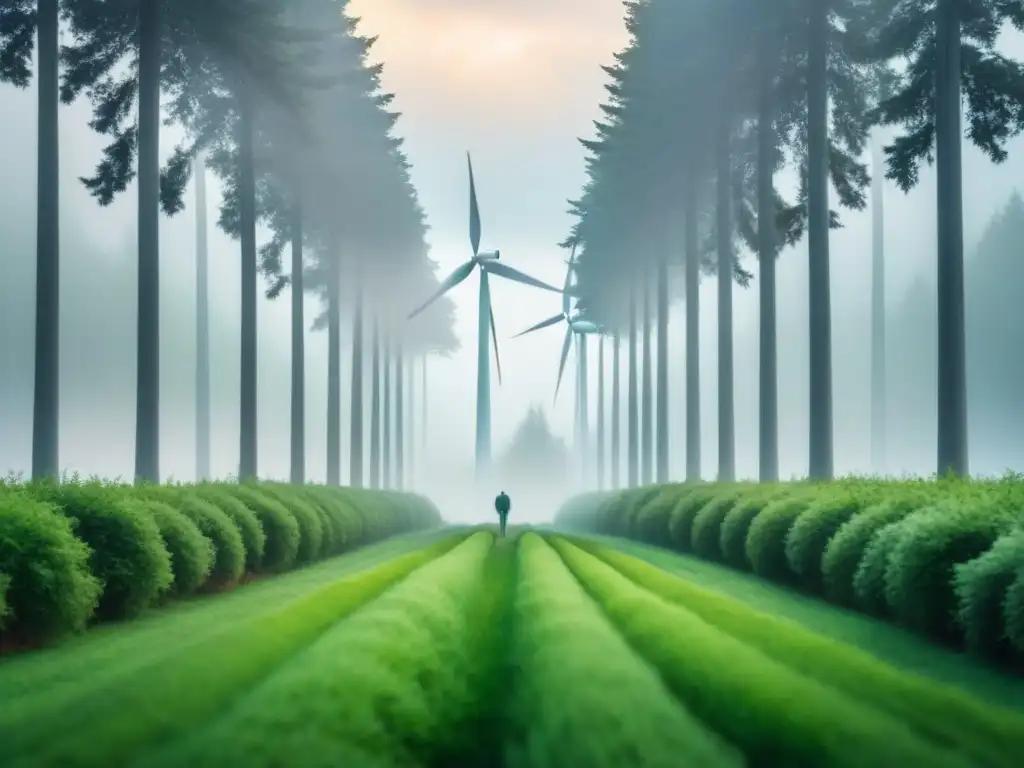 Un bosque verde exuberante con detalles de turbinas eólicas, simbolizando la poesía sostenible en un planeta verde