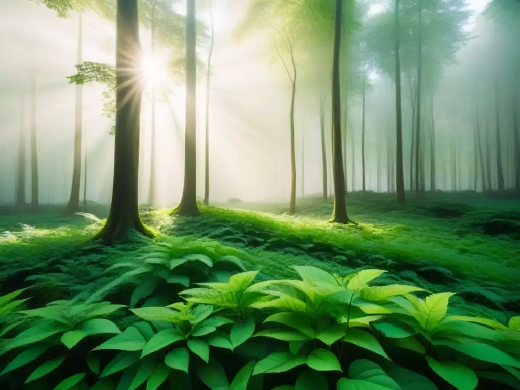 Un bosque verde exuberante con detalles finos, luz filtrada y un ambiente sereno