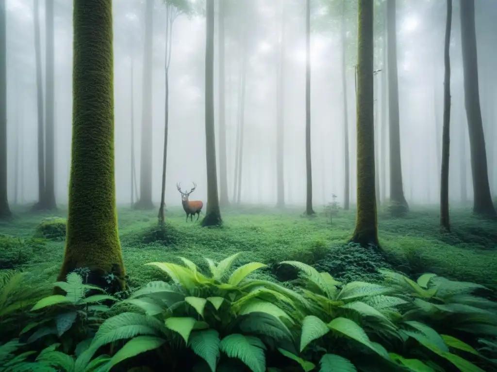 Un bosque verde exuberante con diversa vida silvestre en armonía, transmitiendo paz y equilibrio