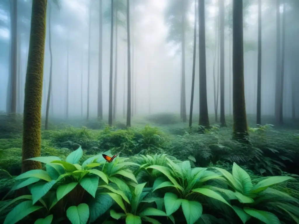 Un bosque verde exuberante con diversa vida silvestre en armonía, destacando la protección de especies con productos ecológicos