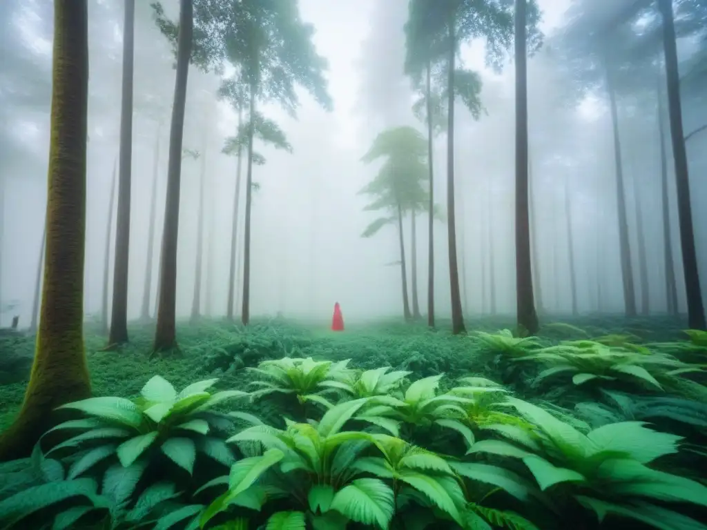 Un bosque verde exuberante con diversidad de vida silvestre en armonía, evocando comunidades sostenibles estilo de vida