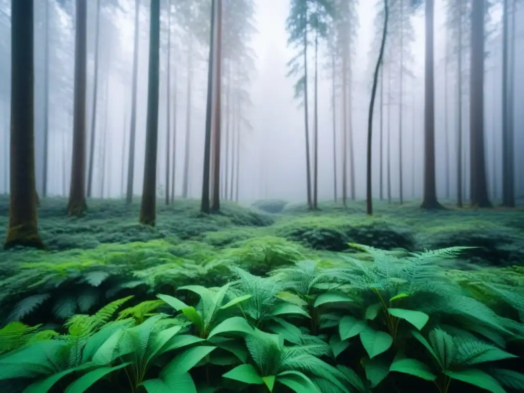 Bosque verde exuberante con diversidad de árboles y vida silvestre, detalle en hojas y ramas