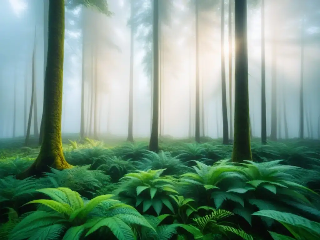 Un bosque verde exuberante envuelto en una suave niebla, creando un ambiente soñador y tranquilo