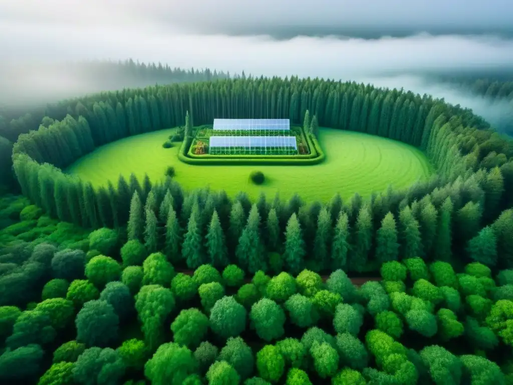 Un bosque verde exuberante con una fábrica moderna emitiendo gases de efecto invernadero sutilmente entre los árboles, simbolizando la alimentación sostenible