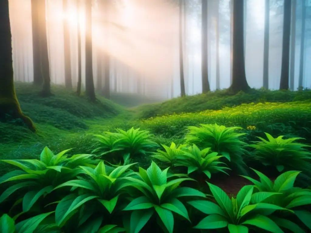 Bosque verde exuberante con flora y fauna diversa, simbolizando el impacto positivo de la educación ambiental en la reducción de la huella de carbono