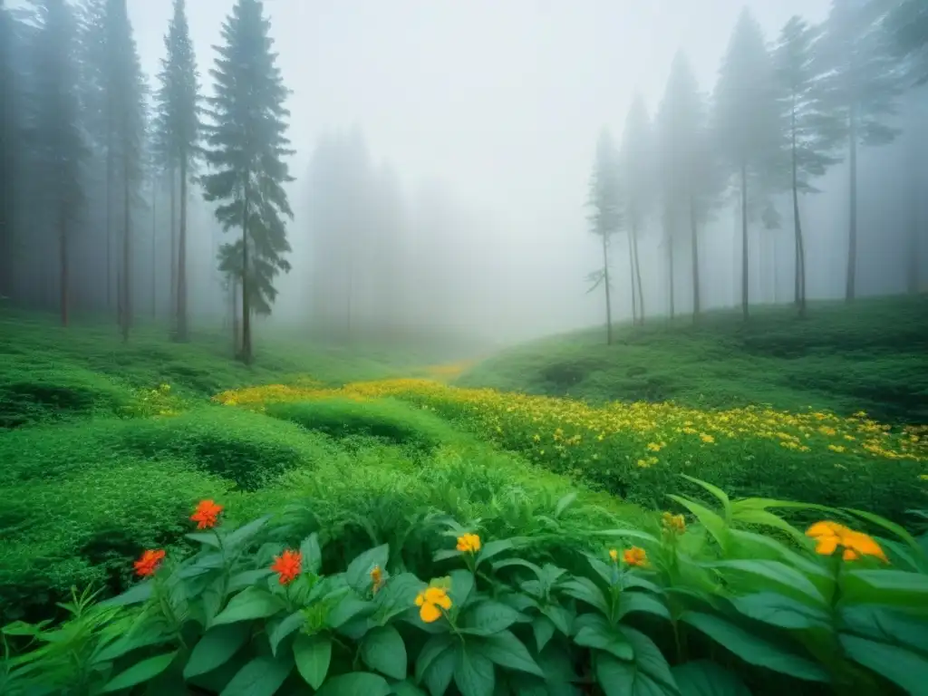 Un bosque verde exuberante con flores y vida silvestre, simbolizando crecimiento y armonía