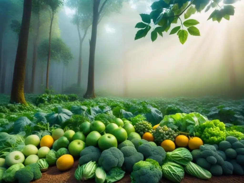 Un bosque verde exuberante con frutas y verduras coloridas bajo el sol, reflejando una dieta basada en plantas sostenible