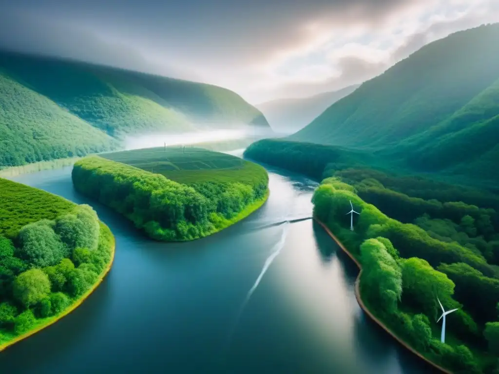 Un bosque verde exuberante con fuentes de energía sostenible integradas, como paneles solares, molinos de viento y una represa hidroeléctrica