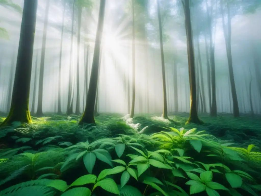 Un bosque verde exuberante iluminado por el sol, reflejando la esencia de la alimentación basada en plantas sostenible