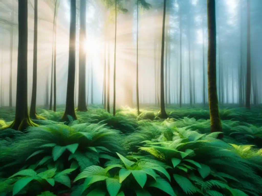 Un bosque verde exuberante iluminado por el sol, reflejando en el suelo