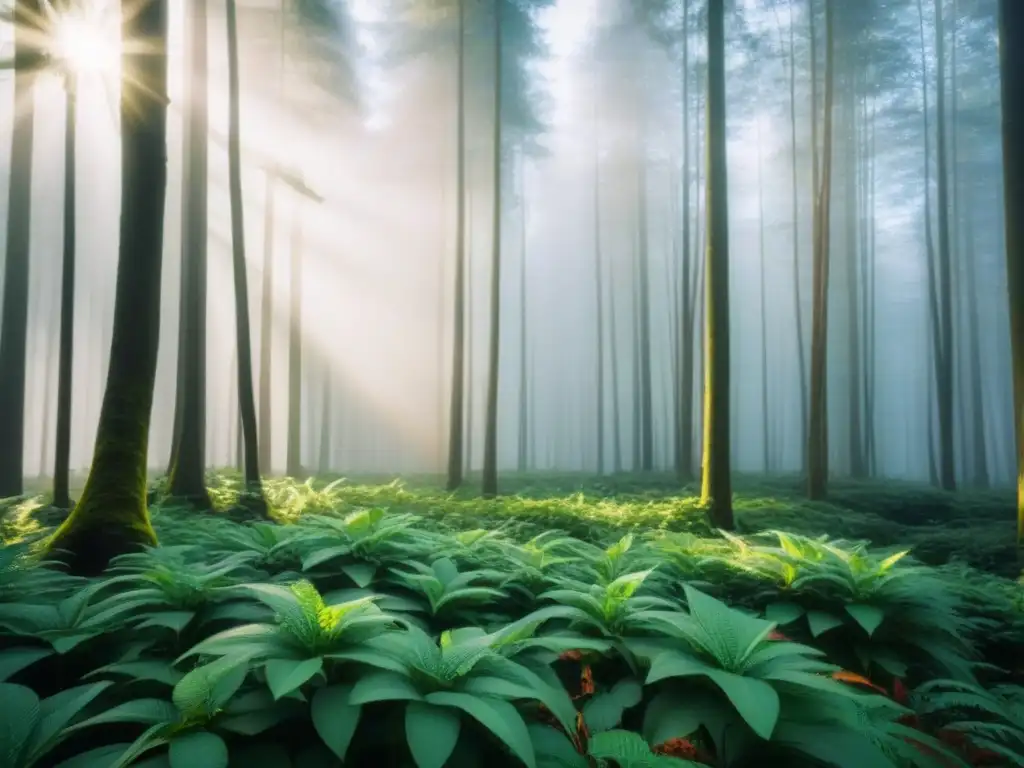 Un bosque verde exuberante iluminado por el sol, reflejando la belleza y calma de la naturaleza para reducir impacto ambiental productos cuidado