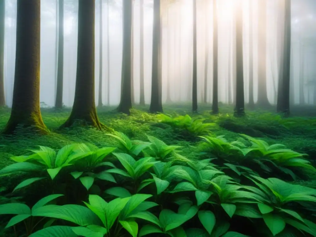 Un bosque verde exuberante iluminado por el sol, mostrando la armonía de la naturaleza y los Snacks ecológicos sostenibles saludables deliciosos