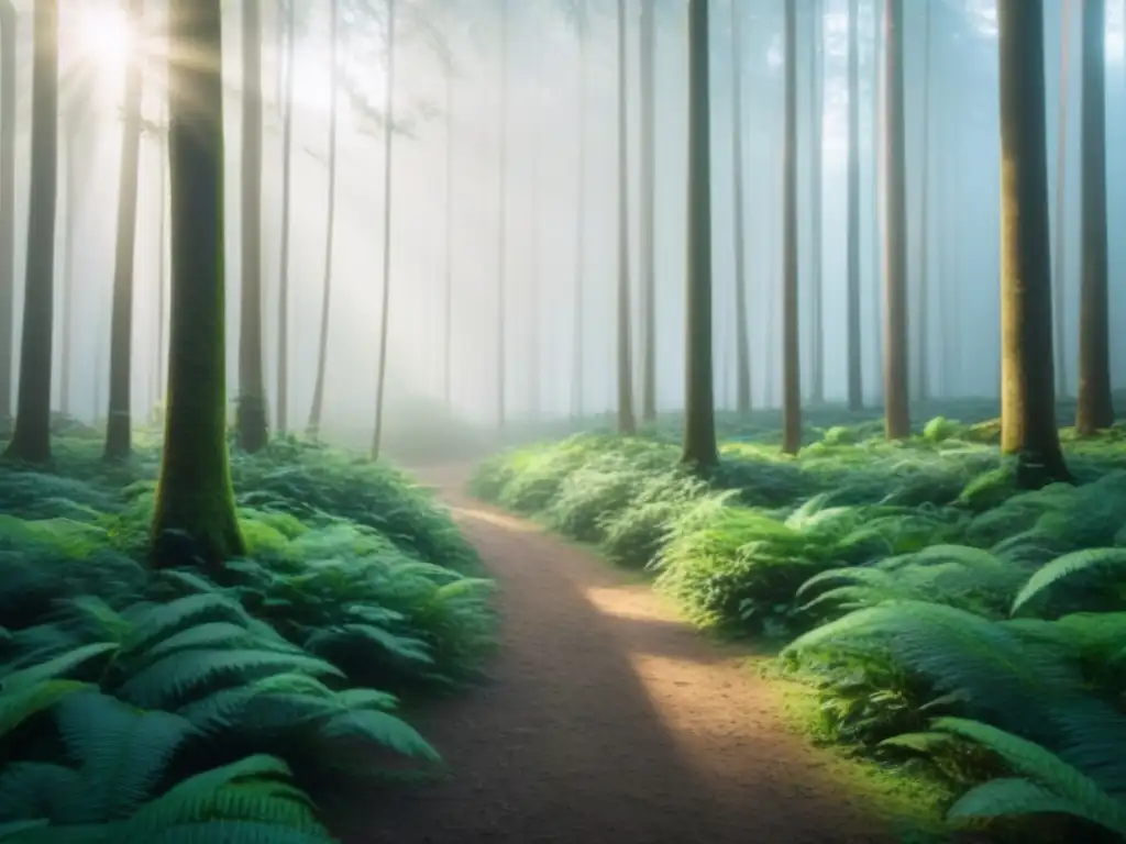 Un bosque verde exuberante iluminado por el sol, proyectando sombras en el suelo