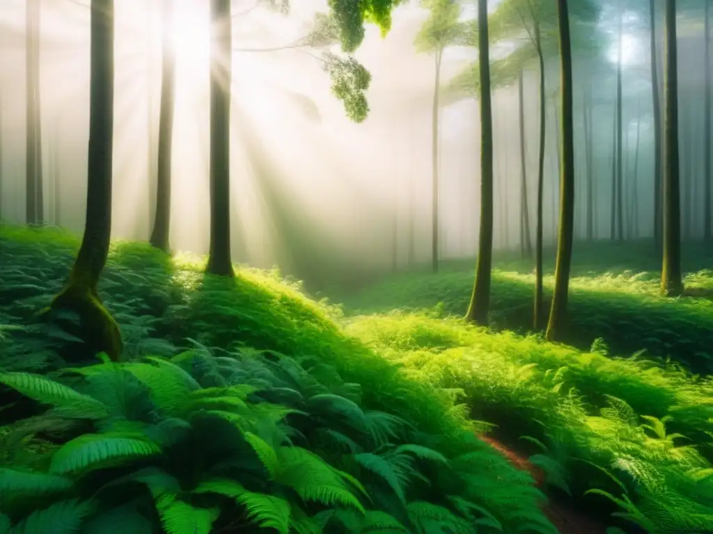 Un bosque verde exuberante iluminado por el sol, mostrando la belleza natural y ecoamigable de los bioplásticos como solución a los residuos plásticos