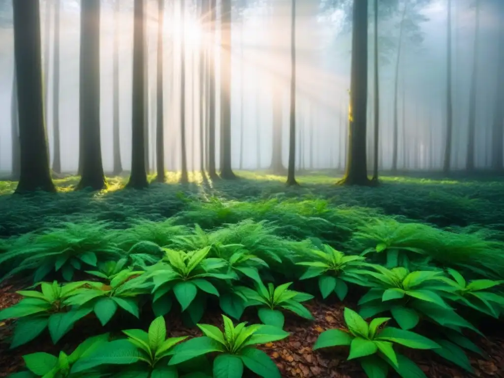 Un bosque verde exuberante iluminado por el sol, simbolizando la armonía en la búsqueda de mejorar calidad de vida sostenible