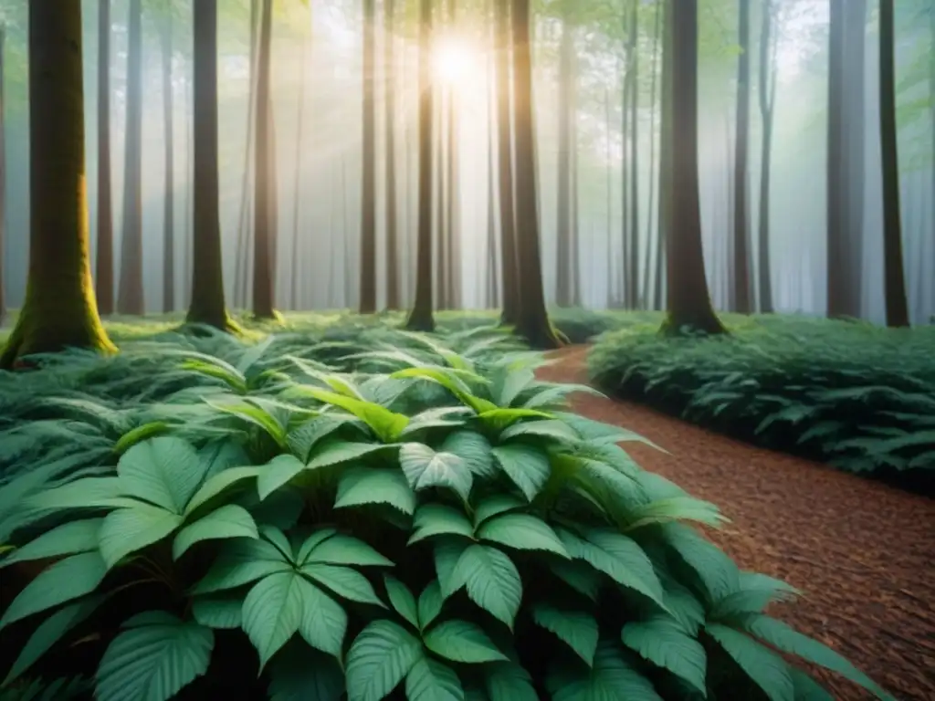 Bosque verde exuberante: detalle y armonía Un bosque verde exuberante iluminado por el sol, con sombras y detalles intrincados