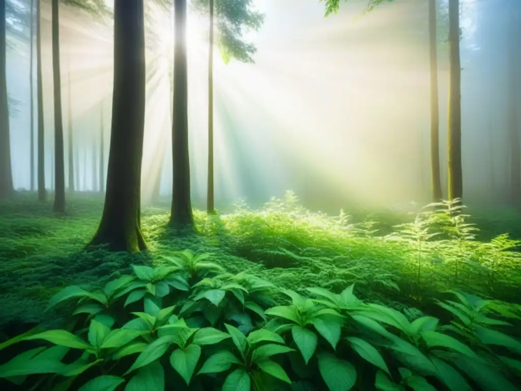 Un bosque verde exuberante iluminado por el sol, creando una atmósfera ecoamigable