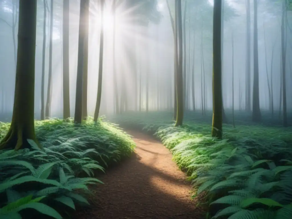 Un bosque verde exuberante iluminado por rayos de sol, proyectando sombras en el suelo del bosque