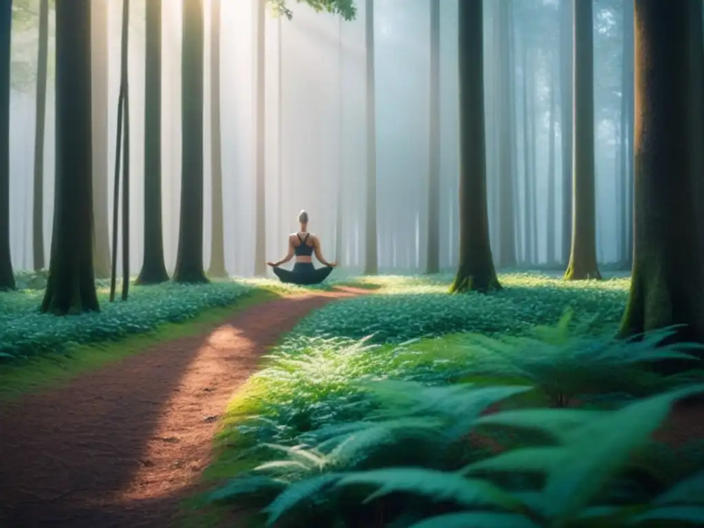 Un bosque verde exuberante iluminado por el sol, proyectando sombras en el suelo